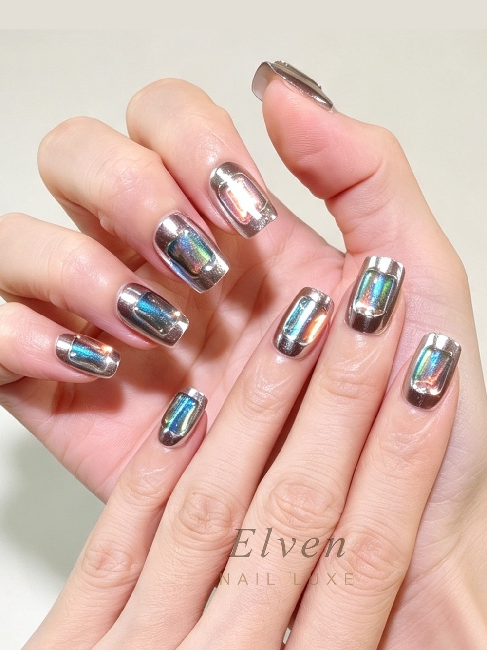 Y2K Silver Mirror Short Square Press On Nails With Holographic Rainbow Chrome